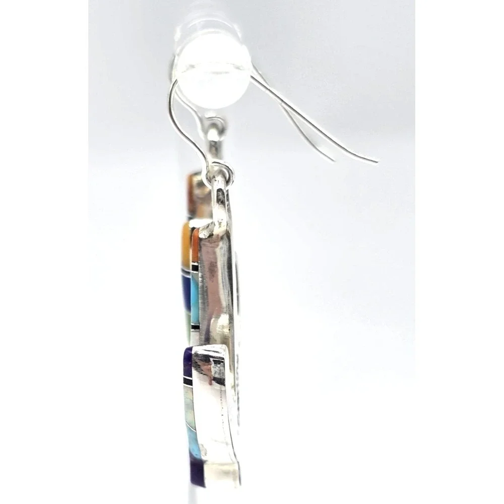Multi-Gemstone Cacti Earrings Sterling Silver Inlays 0.94" Handmade Signed NEW - Picture 6 of 13